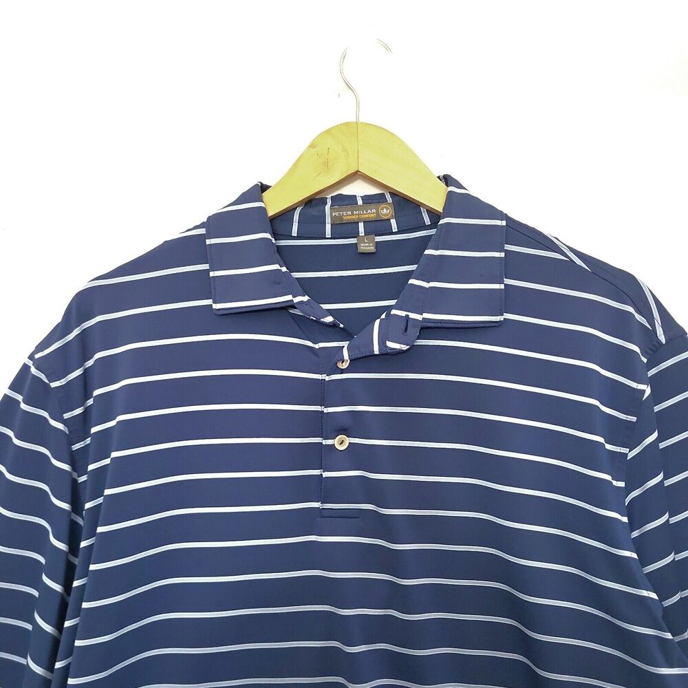 PETER MILLAR Summer Comfort Golf Polo Shirt Blue Striped‎ Performance Large Logo - Picture 3 of 6